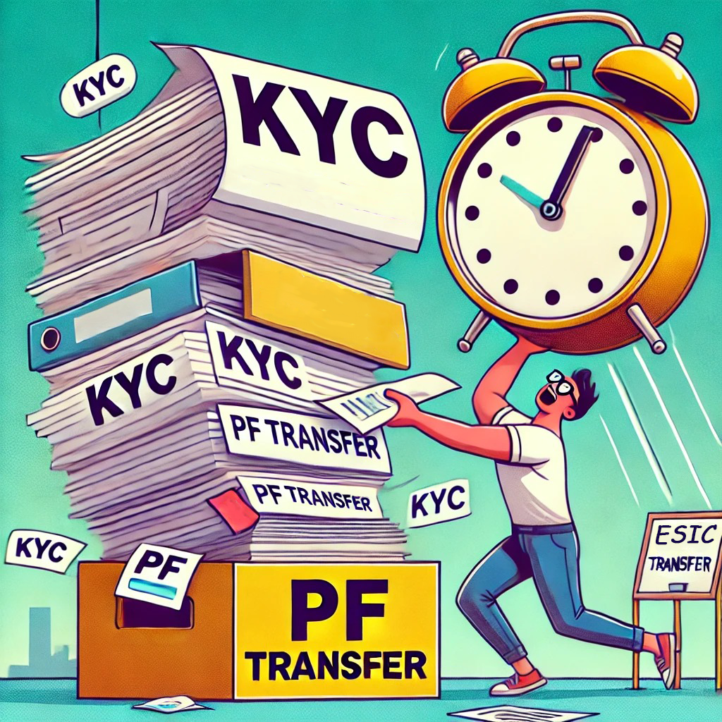 "A humorous illustration of a person holding KYC documents, celebrating after successfully completing the process."