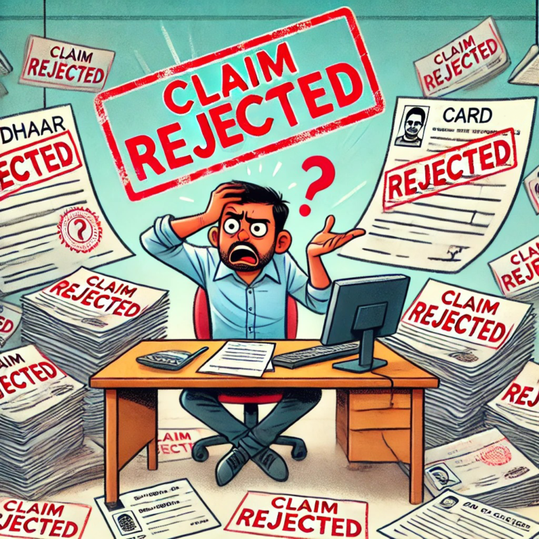 Confused employee surrounded by rejected documents, mismatched Aadhaar, PAN, and bank details, with a " PF Claims Rejected" message on screen.