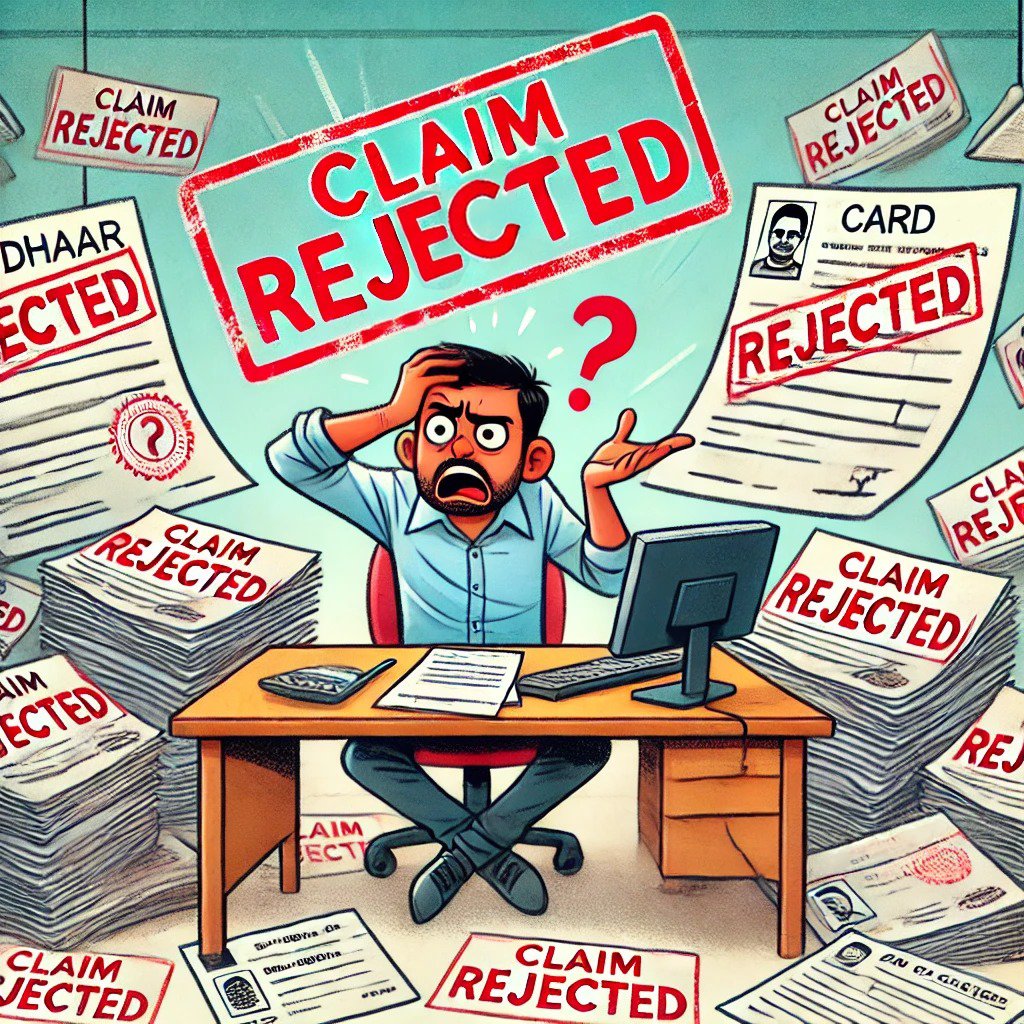 Confused employee surrounded by rejected documents, mismatched Aadhaar, PAN, and bank details, with a " PF Claims Rejected" message on screen.