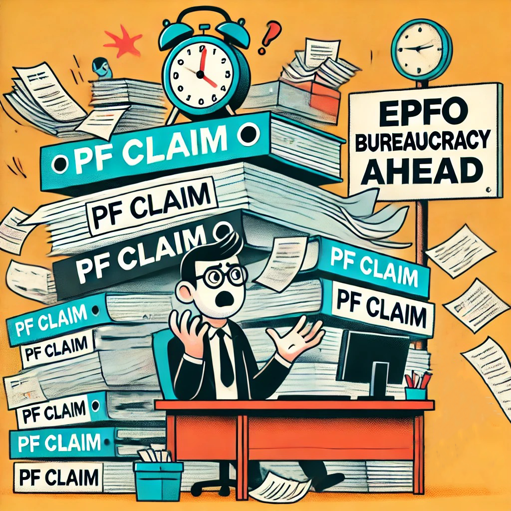 Funny illustration of an employee overwhelmed with PF claim paperwork, symbolizing bureaucratic delays.