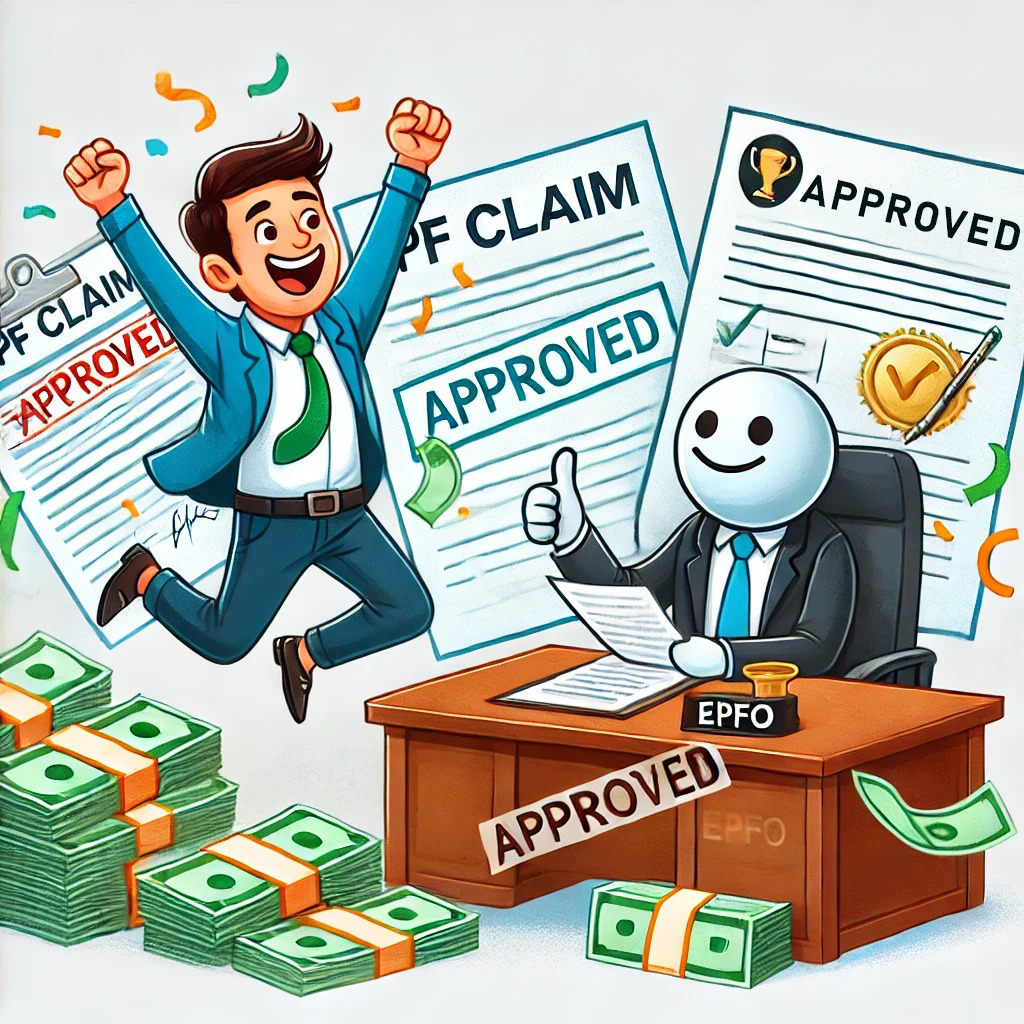 Funny illustration of an employee celebrating after successfully submitting a Provident Fund (PF) claim, surrounded by approved paperwork and a cheerful EPFO official.