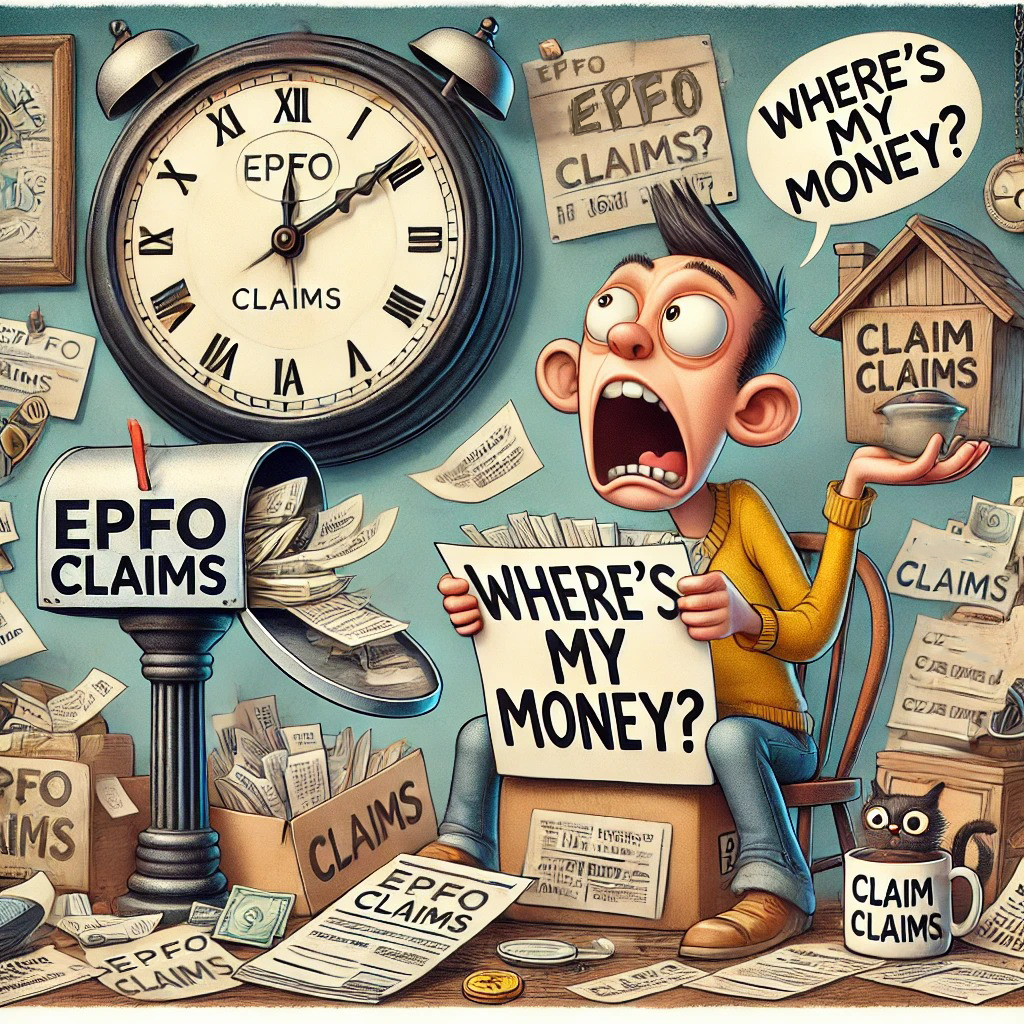 A cartoon character anxiously waits by a giant clock, surrounded by paperwork and an overflowing mailbox labeled 'EPFO Claims.' The character holds a sign that says 'Where's My Money?' The scene includes a coffee cup labeled 'Claim Fuel' and a pet cat looking at the clock in disbelief, conveying a humorous take on the frustration of claim delays.