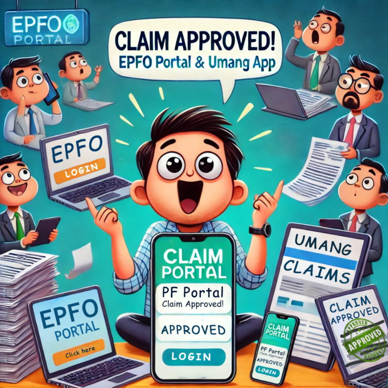 A cartoon character looks amazed while using a smartphone displaying a 'Claim Approved!' banner, surrounded by laptops and tablets showing the EPFO portal and UMANG app. In the background, another character appears overwhelmed by a stack of paperwork, illustrating the contrast between traditional claim processing and the ease of digital solutions.