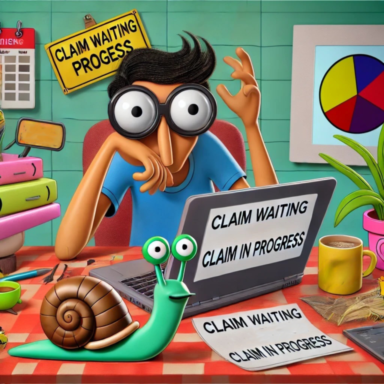 A person at a cluttered desk looking anxious while peering at a laptop. They have a large cup of coffee labeled 'Claim Waiting Juice' and funny icons around them, including a snail and a plant wearing glasses.