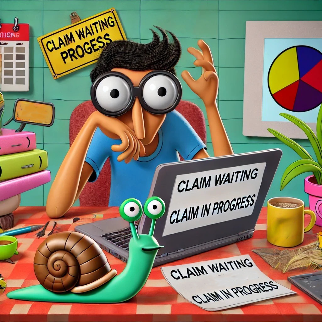 A person at a cluttered desk looking anxious while peering at a laptop. They have a large cup of coffee labeled 'Claim Waiting Juice' and funny icons around them, including a snail and a plant wearing glasses.