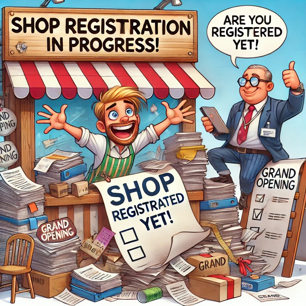 Cartoon illustration of a shop with a sign reading 'Shop Registration in Progress,' featuring a stressed shopkeeper, piles of paperwork, and a cheerful inspector with a checklist, highlighting compliance efforts.