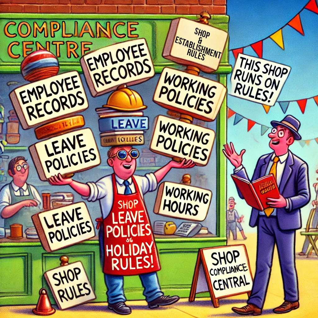 Cartoon of a shopkeeper juggling 'Employee Records,' 'Leave Policies,' 'Working Hours,' and 'Holiday Rules,' while an inspector observes with a 'Shop Compliance' checklist.