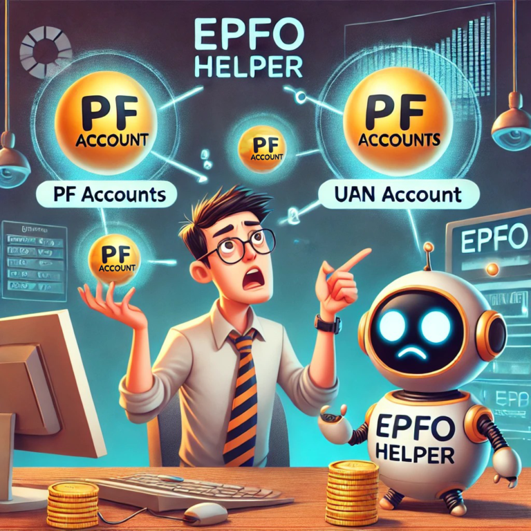Cartoon illustration of a stressed employee juggling PF accounts while a friendly robot assists in merging them into one UAN, with a futuristic EPFO portal in the background.