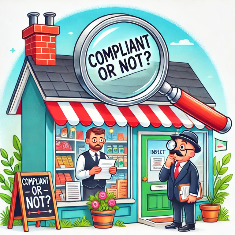 Cartoon illustration of a shop with a giant magnifying glass inspecting it, as a nervous shopkeeper holds documents outside.
