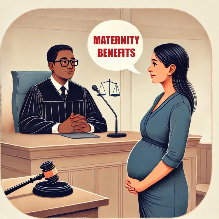 Pregnant woman standing in front of a judge discussing Maternity Benefit Act protections for pregnant employees in a courtroom setting.