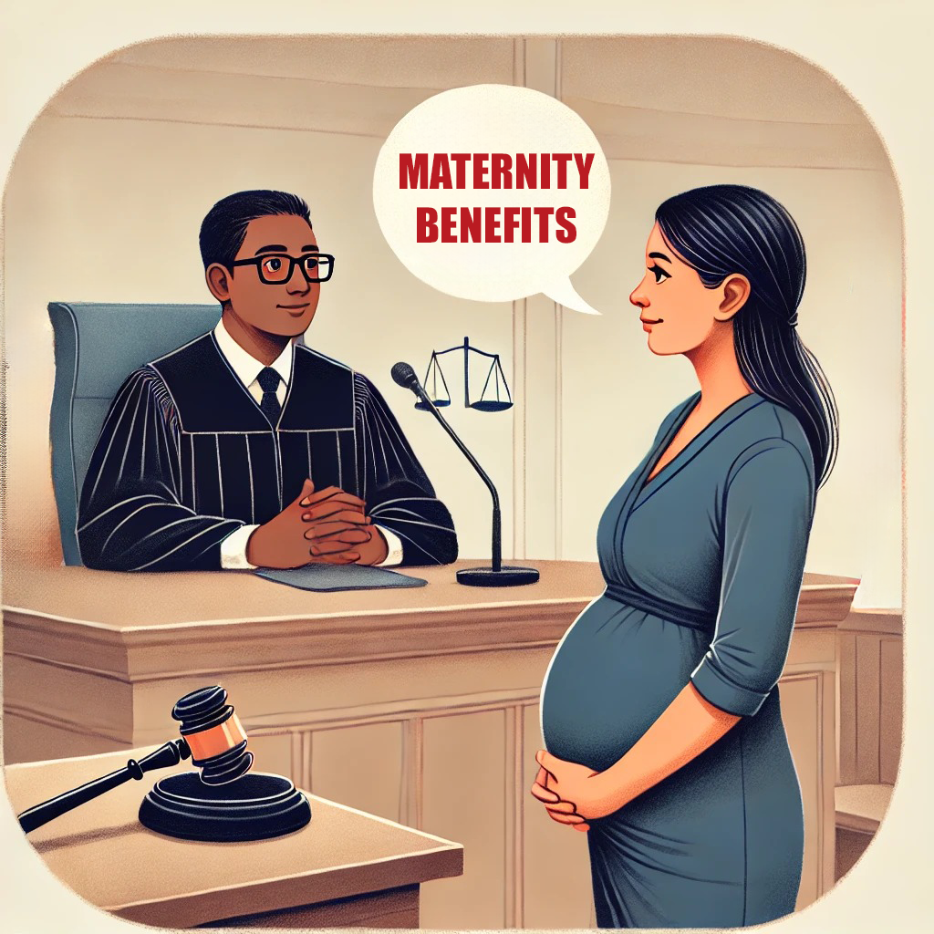 Pregnant woman standing in front of a judge discussing Maternity Benefit Act protections for pregnant employees in a courtroom setting.
