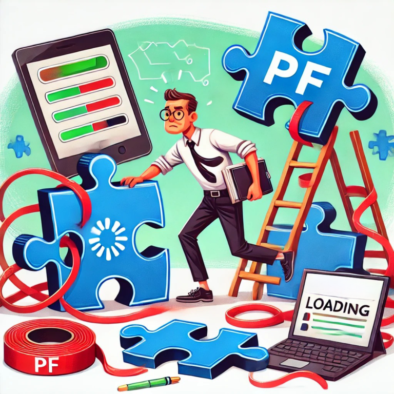 Humorous illustration of employee managing PF portability challenges with puzzle pieces.