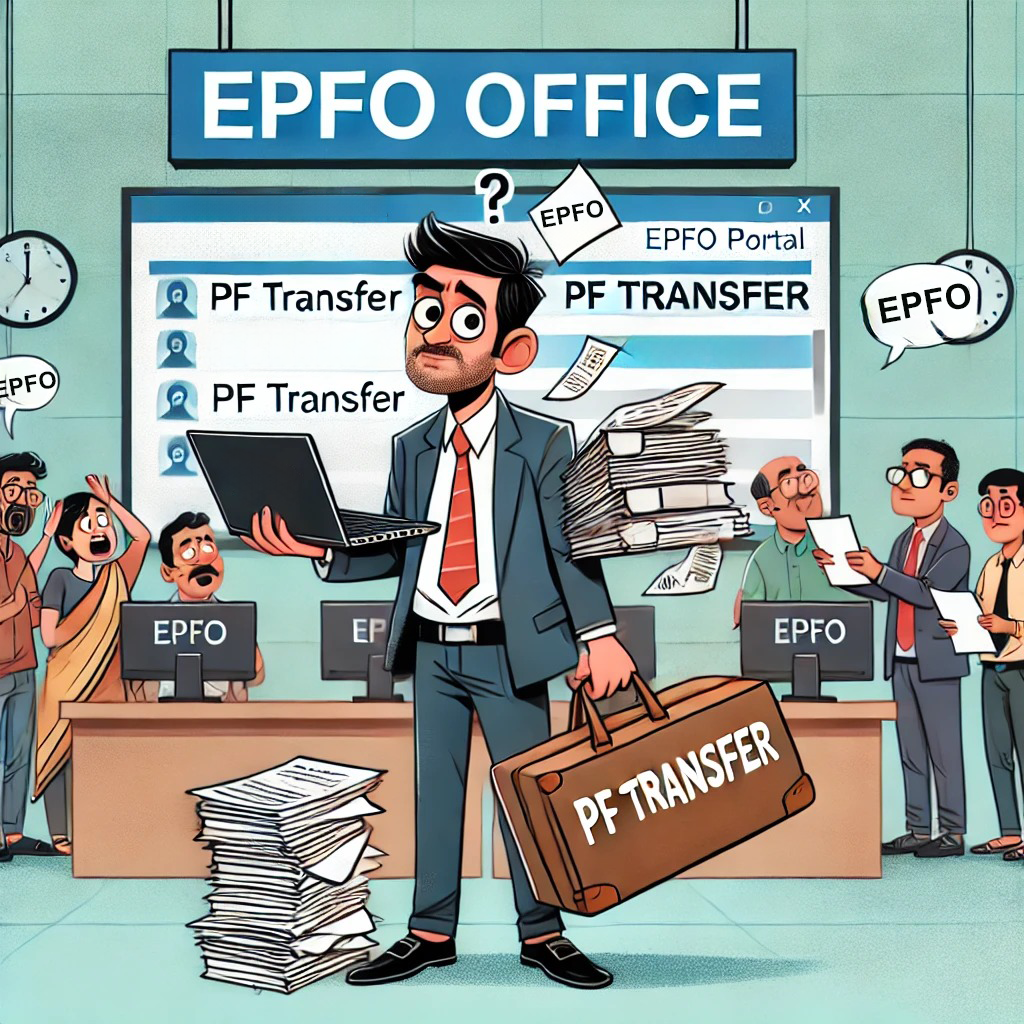 Illustration of an overwhelmed employee juggling PF transfer paperwork and online portal issues at an EPFO office.