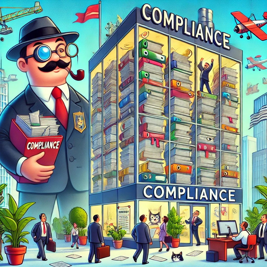 Cartoon of a corporate building surrounded by workers carrying oversized compliance binders, while an inspector observes with a clipboard.