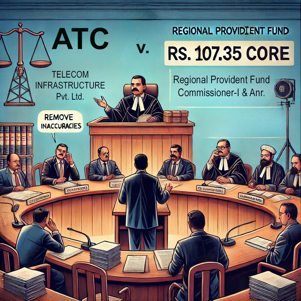 Illustration of a courtroom scene with ATC Telecom Infrastructure Pvt. Ltd. challenging the Regional Provident Fund over a demand of Rs. 107.35 crore, emphasizing the need to correct inaccuracies.