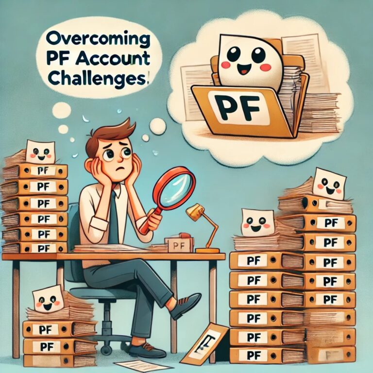 A humorous illustration showing a frustrated employee surrounded by scattered PF account folders, representing the struggle of managing multiple accounts, with a hopeful thought bubble labeled "Overcoming PF Account Challenges" highlighting the goal of simplifying the process.