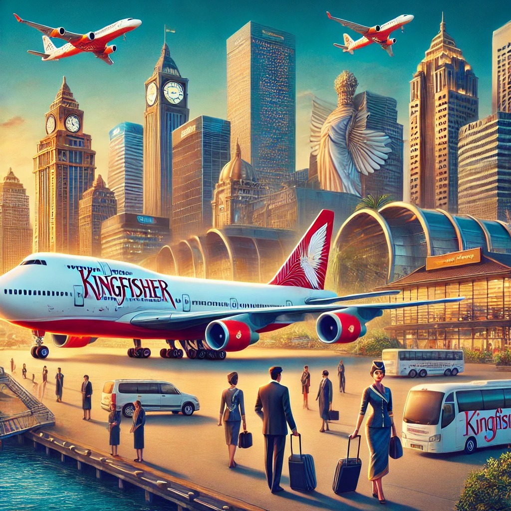 Kingfisher Airlines aircraft and staff in a bustling, luxurious airport setting.