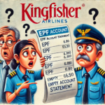 Cartoon illustration of Kingfisher Airlines employees looking shocked at an EPF account statement showing empty or low balances, symbolizing EPF non-compliance.