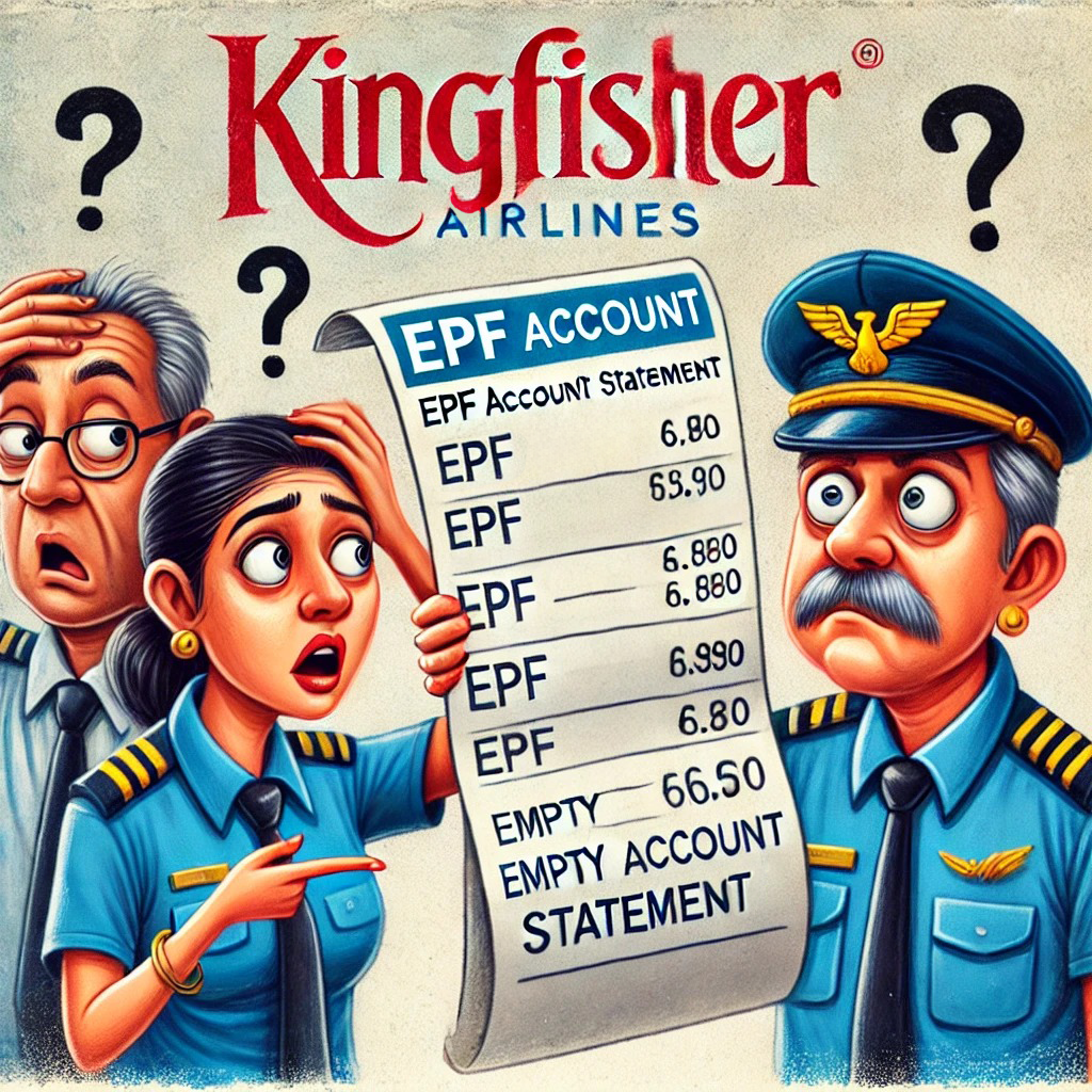 Cartoon illustration of Kingfisher Airlines employees looking shocked at an EPF account statement showing empty or low balances, symbolizing EPF non-compliance.