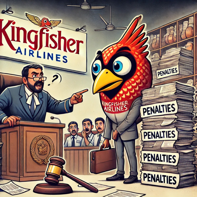 Cartoon depiction of Kingfisher Airlines represented as a bird mascot in a courtroom, facing legal scrutiny over stacks of penalty files labeled 'EPF penalties,' with a judge pointing and an audience looking concerned.