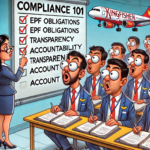 Cartoon of Kingfisher Airlines employees attending a 'Compliance 101' session, focusing on EPF obligations, transparency, and accountability.