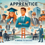Illustration of the National. No Apprenticeship Training Scheme showing graduates, business professionals, and industries connected by a bridge, symbolizing career growth and corporate training opportunities.