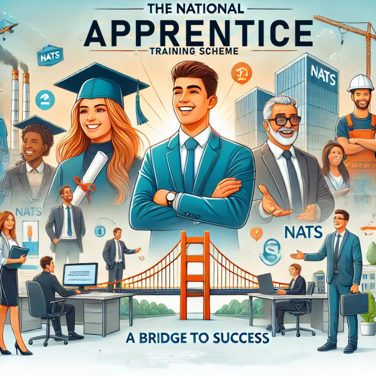 Illustration of the National. No Apprenticeship Training Scheme showing graduates, business professionals, and industries connected by a bridge, symbolizing career growth and corporate training opportunities.