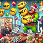 Cartoon of an office where an employee holds oversized coins for wages, while another juggles holiday hats and decorations.