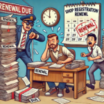 Cartoon of a shopkeeper stressed over paperwork for renewal, with an inspector tapping their watch and an employee rushing with documents.