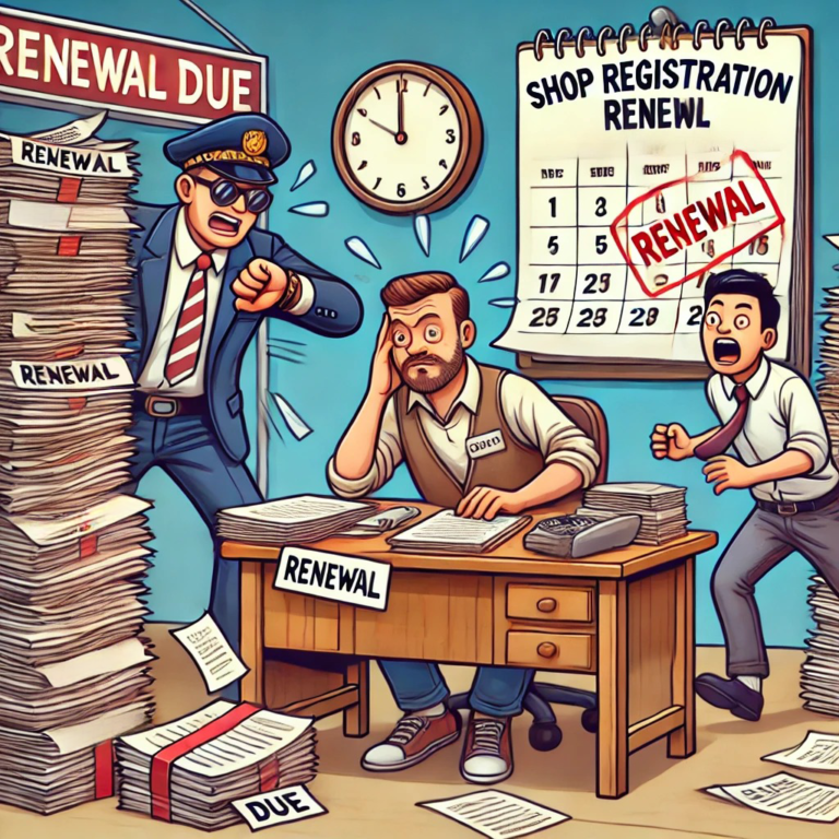 Cartoon of a shopkeeper stressed over paperwork for renewal, with an inspector tapping their watch and an employee rushing with documents.
