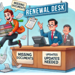 Cartoon of a shopkeeper dropping papers while rushing to a renewal desk, as an amused inspector watches and an employee juggles documents.