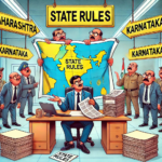 A humorous cartoon of confused business owners holding maps labeled 'State Rules' with arrows pointing in different directions.