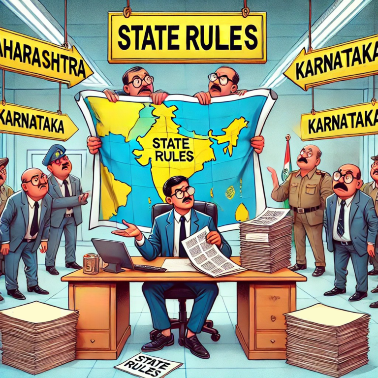 A humorous cartoon of confused business owners holding maps labeled 'State Rules' with arrows pointing in different directions.