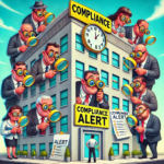 A humorous cartoon illustration of a corporate building with compliance inspectors peering into windows using magnifying glasses, and a nervous employee holding a checklist at the entrance.