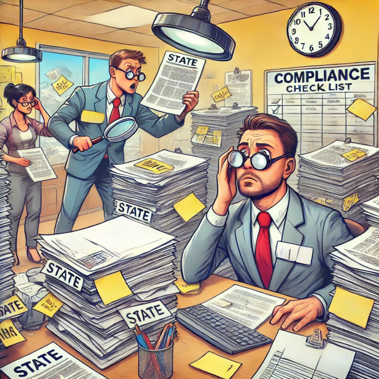A humorous scene of overwhelmed office workers navigating a mountain of compliance documents labeled "State," with a compliance checklist in the background.
