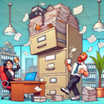 "A humorous cartoon of an office worker overwhelmed by a chaotic desk with piles of documents and digital screens showing compliance tasks."