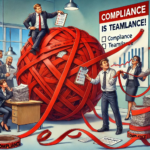 A humorous cartoon illustration of a workplace where employees collaborate to untangle a giant ball of red tape labeled "Compliance," with a confident manager holding a checklist and another employee humorously struggling with a rulebook.