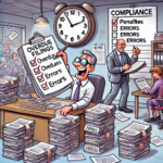 A funny cartoon of an office with employees organizing papers labeled 'Penalties' and 'Errors,' while a consultant checks off a to-do list.