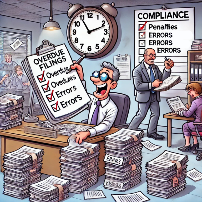 A funny cartoon of an office with employees organizing papers labeled 'Penalties' and 'Errors,' while a consultant checks off a to-do list.