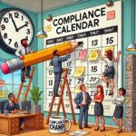 A humorous cartoon illustration of an office team creatively managing a giant compliance calendar, with employees marking dates and adjusting sticky notes.