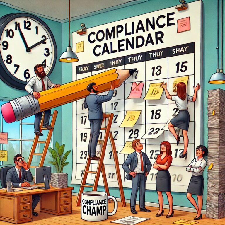 A humorous cartoon illustration of an office team creatively managing a giant compliance calendar, with employees marking dates and adjusting sticky notes.