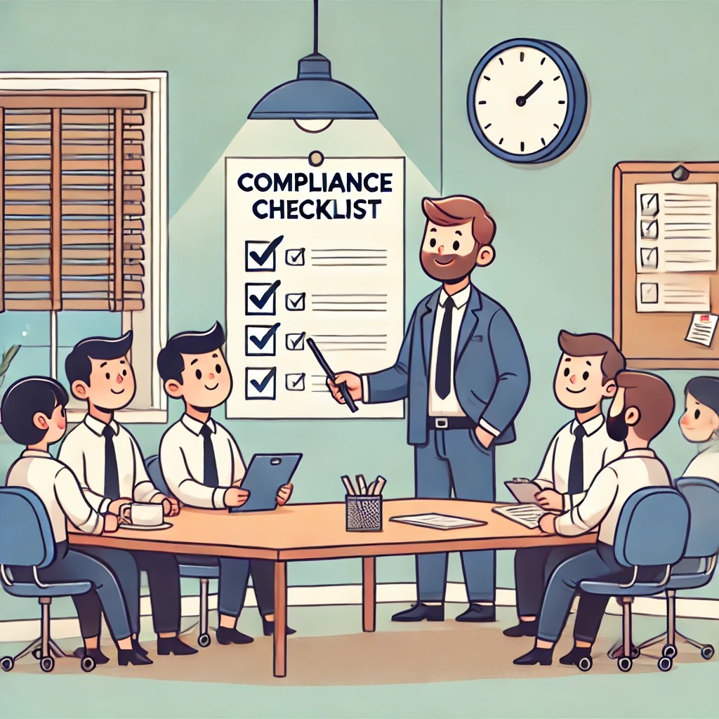 A lighthearted illustration of an office scene with employees engaging in a compliance discussion.