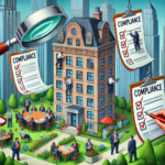 A comical illustration of a corporate building surrounded by exaggerated compliance-themed elements, with employees reviewing oversized checklists and a giant magnifying glass symbolizing scrutiny.