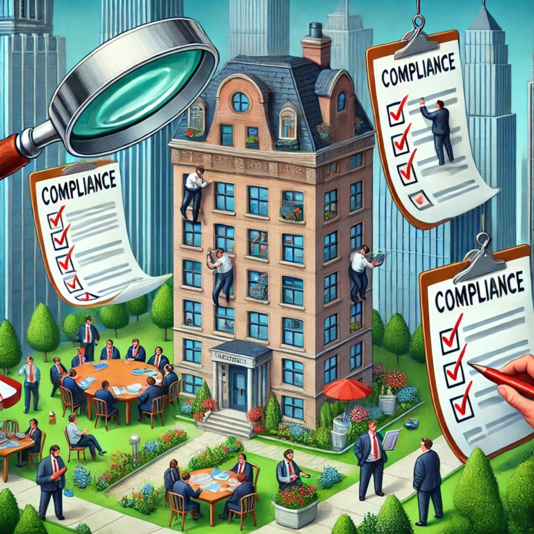 A comical illustration of a corporate building surrounded by exaggerated compliance-themed elements, with employees reviewing oversized checklists and a giant magnifying glass symbolizing scrutiny.
