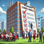 A humorous illustration of a corporate building where employees are actively engaged in compliance activities, including discussions around a giant checklist in the foreground.