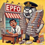 A comical illustration of a shop owner juggling compliance documents while a cartoonish EPFO officer oversees the process with a large stack of files.