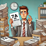 A cartoon of a confused employer holding a magnifying glass and a 7A PF notice, with a worried expression.