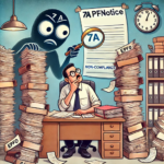 A humorous cartoon illustration of an overwhelmed employer sitting at a desk stacked with paperwork and documents, under scrutiny by a looming figure labeled 'EPFO' holding a magnifying glass.