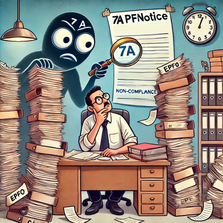 A humorous cartoon illustration of an overwhelmed employer sitting at a desk stacked with paperwork and documents, under scrutiny by a looming figure labeled 'EPFO' holding a magnifying glass.