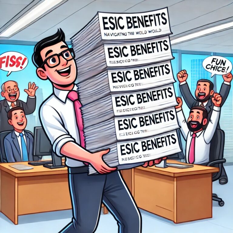 A lighthearted cartoon showing a cheerful employee holding documents labeled "ESIC Benefits" in a busy office, while colleagues applaud.